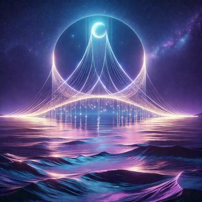 The primary subject of the image is a beautifully drawn illustration of a bridge over a body of water. The bridge is adorned with a web-like structure, giving it a unique and intricate appearance. The setting is a serene body of water, with a moon visible in the sky above. The visual style of the image is a combination of digital art and illustration, creating a captivating and artistic scene. The colors and mood of the image are predominantly purple and blue, giving it a calm and peaceful atmosphere.